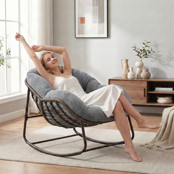 Lvhom Sedia A Dondolo Da Giardino Con Cuscino Imbottito, Sedia In Rattan Con Struttura In Acciaio, Sedia A Dondolo Per Esterni, Poltrona Per Balcone, Grigio-image