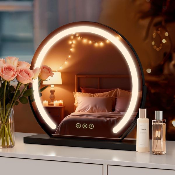 S'afielina Specchio Per Il Trucco Specchio Cosmetico Rotondo Con Illuminazione A Led E Interruttore A Sfioramento, 3 Colori Di Luce Dimmerabili Funzione Memoria Cornice Nera, Φ 50Cm-image