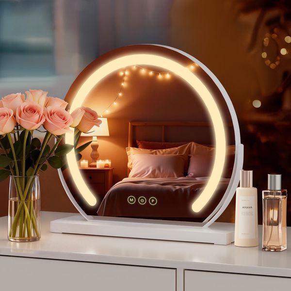 S'afielina Specchio Per Il Trucco Specchio Cosmetico Rotondo Con Illuminazione A Led E Interruttore A Sfioramento, 3 Colori Di Luce Dimmerabile Funzione Di Memoria Cornice Bianca, Φ 40Cm-image