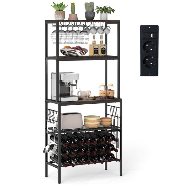 Scaffale Da Cucina Costway, Scaffale In Piedi Con Presa, 24 Portabottiglie, Scaffale Da Panettiere, Portabottiglie Con 3 Ripiani E 8 Ganci E Portabicchieri, Supporto Per Microonde-image
