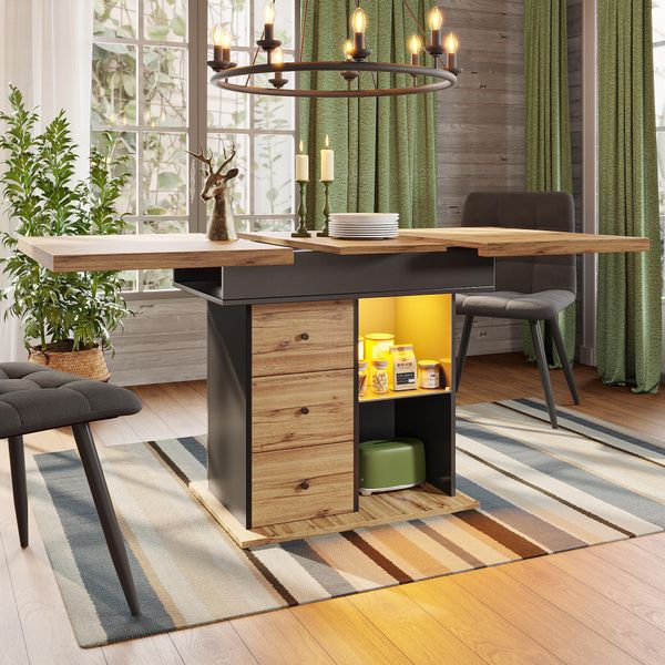 Tavolo Da Pranzo Flieks Allungabile, Tavolo Da Sala Da Pranzo Con Vano Portaoggetti E Led, Mobile Con Cassetti, Tavolo Telescopico 110-140X80X75 Cm, Colore Legno E Nero-image