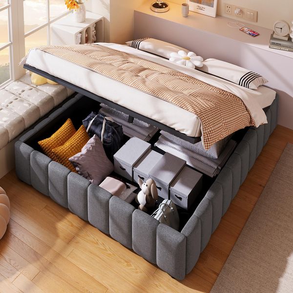 Letto Imbottito, 140 X 200 Cm, Supporto Idraulico, Senza Testata, Senza Materasso, Grigio-image