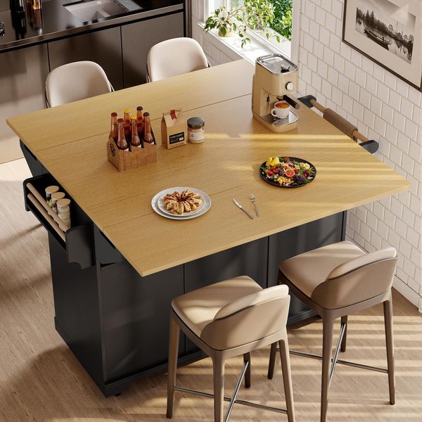 Flieks Carrello Di Servizio Estensibile A Isola Con Rotelle, Carrello Da Cucina Carrello Portavivande Con Cassetti, Portaspezie E Porta Asciugamani, Nero-image