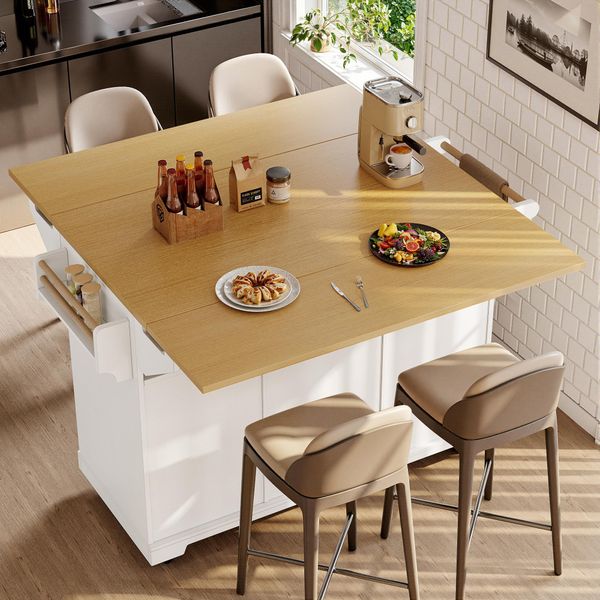 Flieks Carrello Di Servizio Estensibile A Isola Con Rotelle, Carrello Da Cucina Carrello Portavivande Con Cassetti, Portaspezie E Portasciugamani, Bianco-image