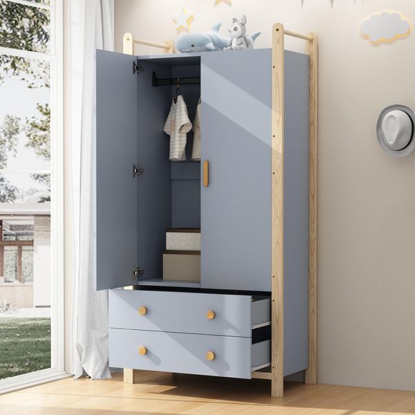 Armadio Flieks Con Barra E 2 Cassetti, Armadio A 2 Ante Per Camera Da Letto Armadio Per Corridoio Armadio Per Soggiorno, Blu-image