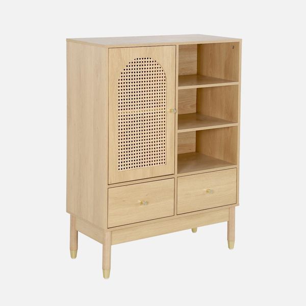Credenza Decorativa In Legno E Canna 1 Anta 75Cm, Marrone Naturale-image
