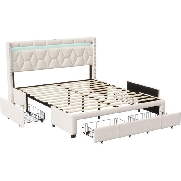 Letto Imbottito Matrimoniale 160X200Cm Con 4 Cassetti E Led, Usb, Giroletto, Biancheria Beige-image