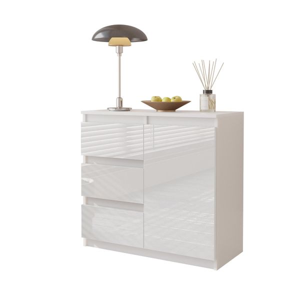 Mikel - Cassettiera / Credenza Con 3 Cassetti E 1 Anta - Bianco Opaco / Bianco Lucido H75Cm L80Cm P35Cm-image