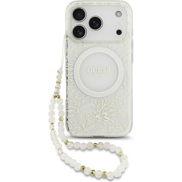 Etui Guess Iml Flowers Electro Pearl Strap Magsafe Do Iphone 17 Pro BiałY-image