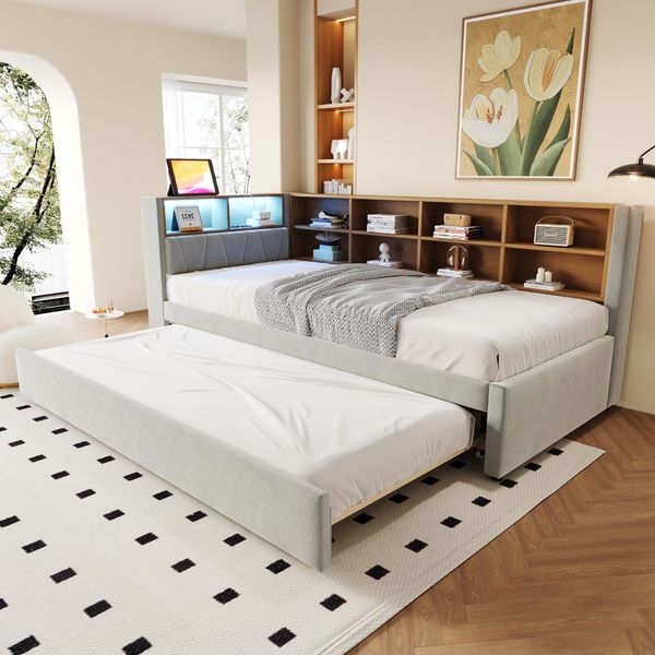 Flieks Divano Letto Da Giorno 90X200Cm Con Letto Estraibile, Divano Letto Imbottito Con Funzione Di Ricarica E Led, Letto Singolo Letto Da Giorno In Legno, Velluto, Grigio Chiaro-image