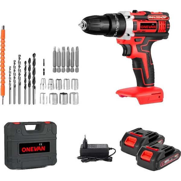 Trapano A Percussione, Potenza 500W, Cambio A 2 Velocità, 2 Batterie 1 Spina Rossa, Eu-image