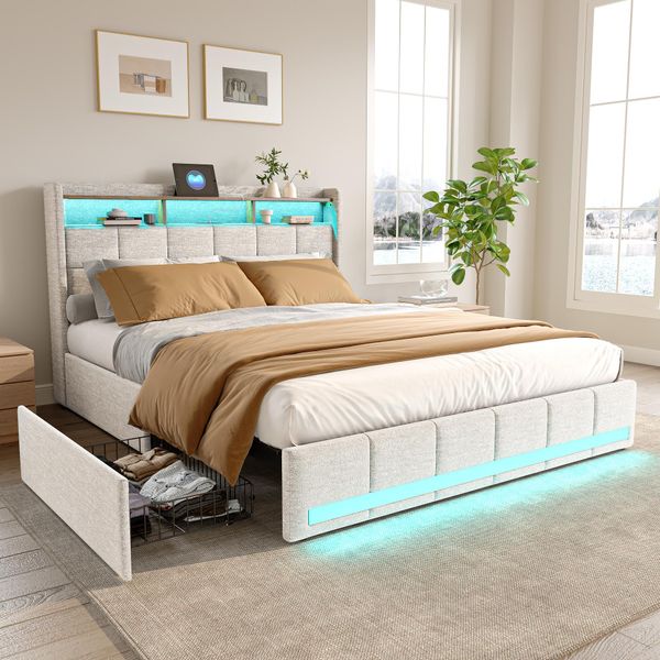 Letto Imbottito Fortuna Lai 180X200 Con Rete A Doghe,Elegante Letto A Molle Insacchettate Con Vano Contenitore, 4 Cassetti, Illuminazione Led Individuale, Connessioni Usb E Tipo C, Design Moderno Beige Per Un Comfort Ottimale-image