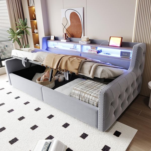 Flieks Divano Letto Da Giorno 90X200Cm Con Contenitore, Letto Imbottito Per Ragazzi Con Led, Divano Letto Singolo Con Funzione Di Carico, Velluto, Grigio Chiaro-image