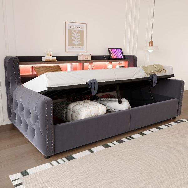 Flieks Divano Letto Da Giorno 90X200Cm Con Contenitore, Letto Imbottito Per Ragazzi Con Led, Divano Letto Singolo Con Funzione Di Carico, Velluto, Grigio Scuro-image