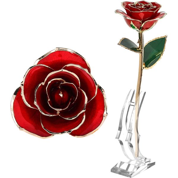 Rosa A Gambo Lungo, Immersa In Oro 24 Carati, In Confezione Regalo Con Supporto Trasparente. Rose Rosse Per Voi-image