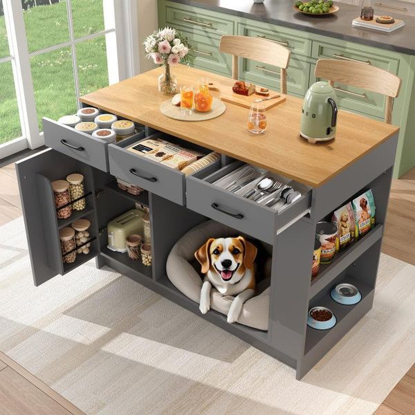 Isola Da Cucina, Piano In Vetro Regolabile, Doppio Ripiano (Senza Piatto Per Il Cibo Del Cane), Spaziosa Area Di Stoccaggio Per Animali Domestici (Senza Cuscino Per Cani), Grigio-image