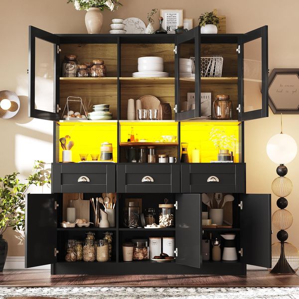 Armadio Da Cucina Sweiko (140×40×175 Cm), Mobile Alto Da Cucina A Buffet, Vetrina, Mobile Buffet Con Ripiani Regolabili, Credenza Con Illuminazione A Led, Colori Luce Variabili, Bianco/Nero-image