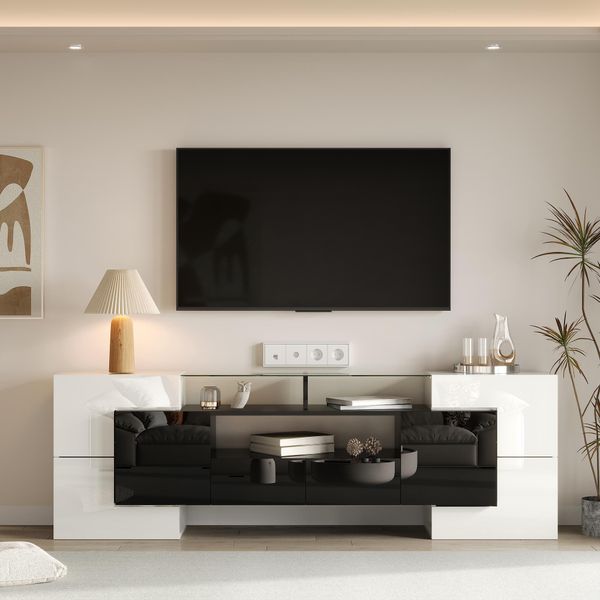 Sweiko Mobile Tv Elegante, Pannello Basso. Bianco E Nero Lucido, 200 Cm, Illuminazione A Led, Mobile Da Soggiorno. Design Moderno. Elegante Superficie In Vetro.-image