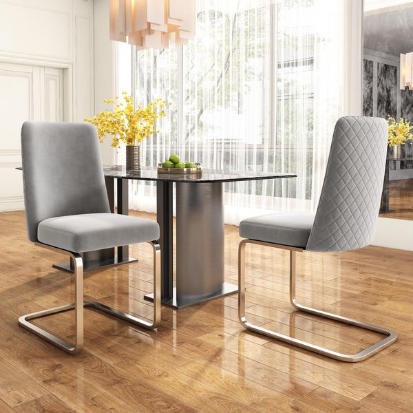 Sedia Da Pranzo In Velluto Sweiko, Set Di 2, Lussuosa, Per Soggiorno, Camera Da Letto, Poltrona Lounge, Design Dello Schienale A Diamante, Con Gambe Di Supporto In Metallo Argentato, Grigio-image