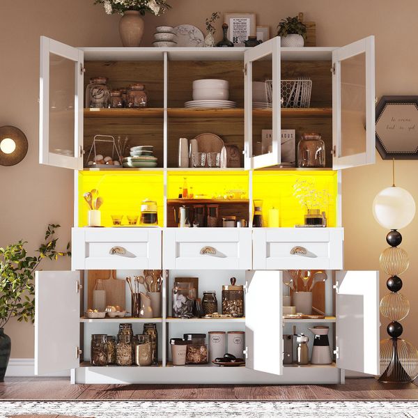 Armadio Da Cucina Sweiko (140×40×175 Cm), Mobile Alto Da Cucina A Buffet, Vetrina, Mobile Buffet Con Ripiani Regolabili, Credenza Con Illuminazione A Led, Colori Luce Variabili, Bianco/Nero-image