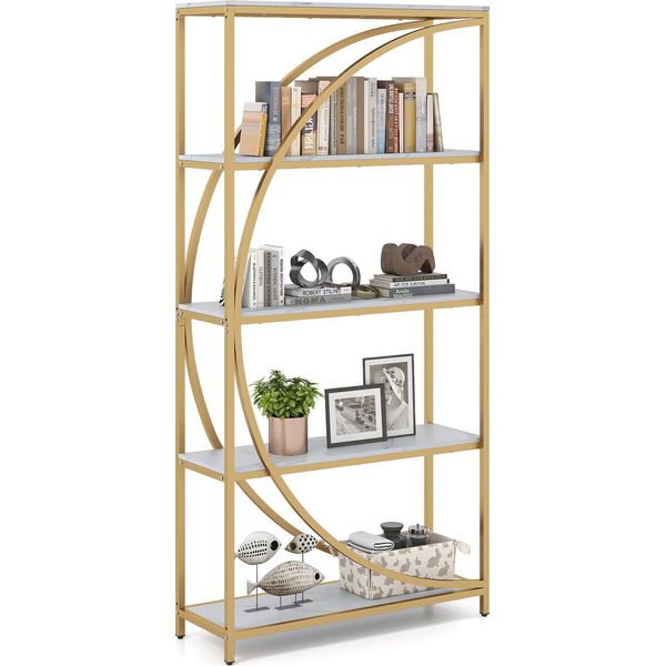 Libreria Costway, Scaffale Per Ufficio Con Ripiani In Legno E Struttura In Metallo, Scaffale In Piedi, Scaffale Per Soggiorno E Studio, Oro E Bianco-image