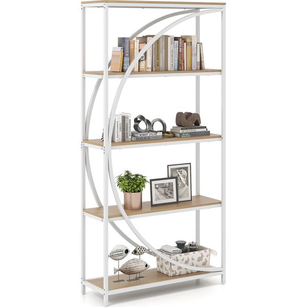Libreria Costway, Scaffale Per Ufficio Con Ripiani In Legno E Struttura In Metallo, Scaffale In Piedi, Scaffale Per Soggiorno E Studio, Bianco E Naturale-image