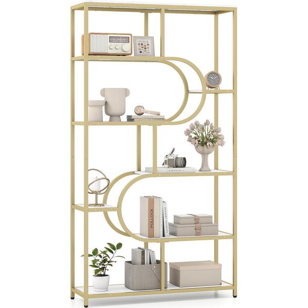 Costway Libreria A 5 Livelli, Scaffale In Piedi Con Ripiani, Scaffale Espositivo Con Struttura In Metallo, Scaffale Portaoggetti Geometrico, Bianco E Oro-image