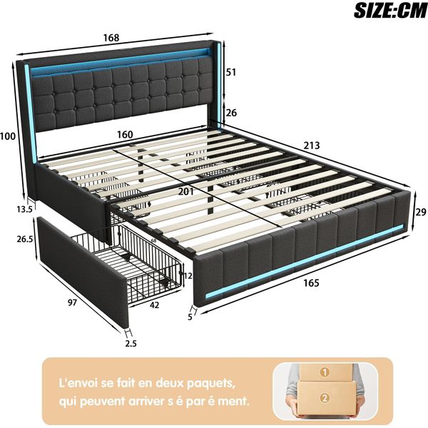 Letto (160 X 200 Cm) Con Rete A Doghe, Illuminazione Led E Connessione Usb, Letto (160 X 200 Cm) Con Contenitore, Rete A Doghe E 4 Cassetti, Grigio-image