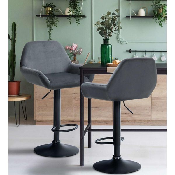 Set Di 2 Sgabelli Da Bar - Sedili In Velluto - Altezza Regolabile, Girevole A 360° | Colore: Grigio Scuro. Materiale Del Telaio: Metallo Nero Opaco-image