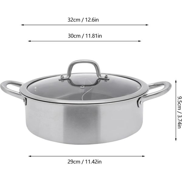 Pentola Shabu Shabu - Pentola Divisa - 32 Cm - Acciaio Inox 304 - 2 Scomparti - Coperchio In Vetro - 2 Mestoli Per Zuppa - Induzione E Gas - Grigio Chiaro-image