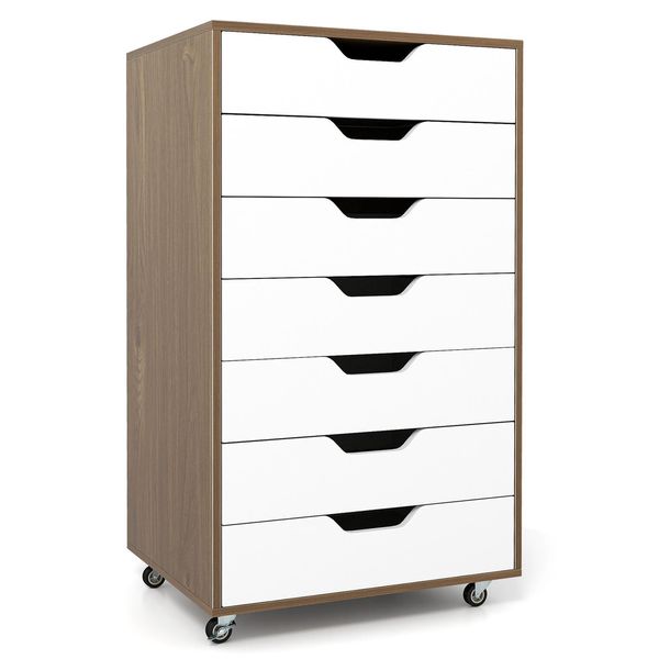 Costway Piedistallo Mobile Con 7 Cassetti, Schedario Con Ruote, Piedistallo Per Ufficio, Cassettiera, Carrello, Cassettiera, Natura-image