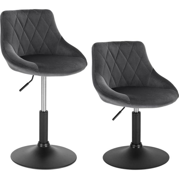 Set Di 2 Sgabelli Da Bar - Velluto - Regolabile In Altezza - Girevole - Con Schienale - Base In Metallo, Seduta 47X37 Cm, Altezza 66-82 Cm, 100 Kg - Grigio Scuro-image