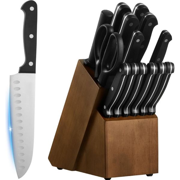 Succebuy Set Di Coltelli Da Cucina Da 15 Pezzi Con Ceppo In Legno E Acciaino Per Affilare, Coltelli Affilati In Acciaio Inox Di Alta Qualità Con Manici Ergonomici In Abs, Ideali Per Gli Amanti Della Cucina-image