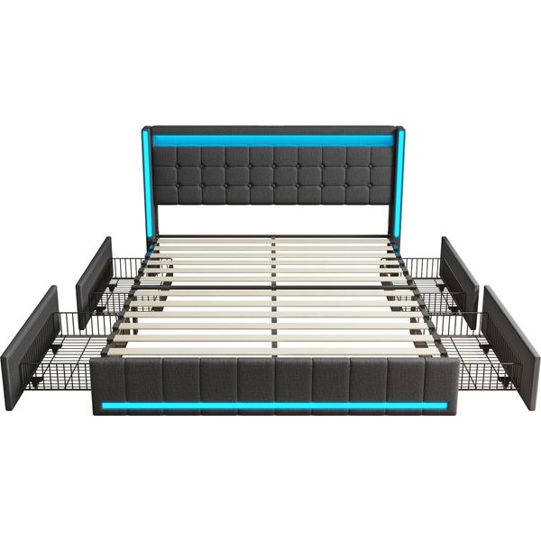 Letto (140 X 200 Cm) Con Rete A Doghe, Illuminazione Led E Connessione Usb, Letto (140 X 200 Cm) Con Contenitore, Rete A Doghe E 4 Cassetti, Grigio-image