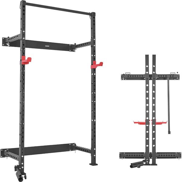 Succebuy Power Cage Pieghevole Con Carico Massimo Di 454 Kg, Power Rack A Parete, Attrezzo Versatile Per L'allenamento Della Forza Con Supporto Per Mine Terrestri, Ganci A J Regolabili E Barra Per Trazioni Per La Palestra Domestica-image