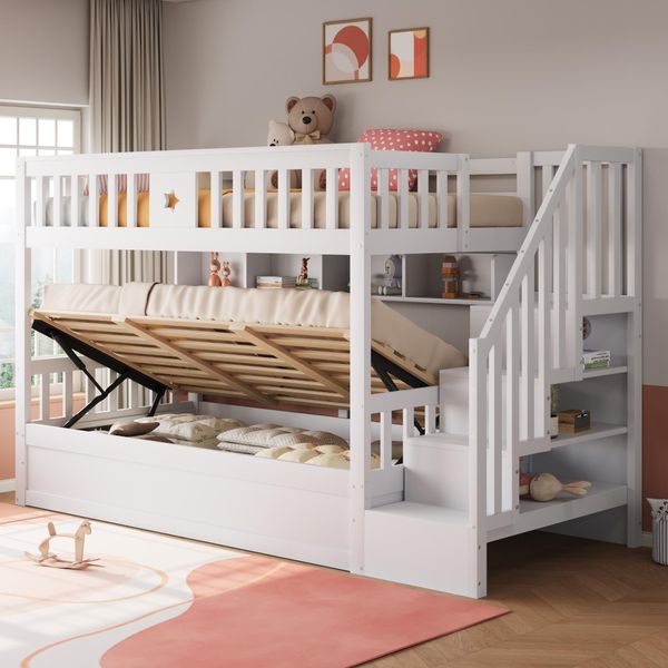 Letto A Castello Flieks 90X200Cm Con Ripiano, Letto Idraulico Per Bambini Con Contenitore, Letto A Castello Con Protezione Anticaduta E Rete A Doghe, Letto Singolo Bianco-image