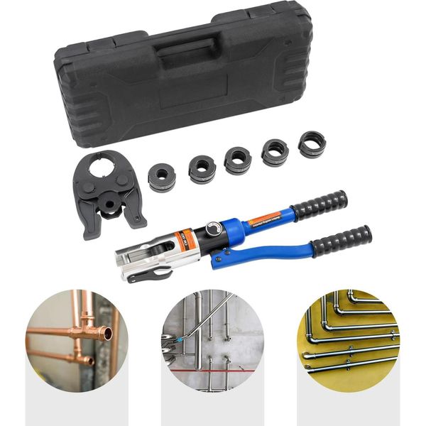 Pinza Pressatrice Per Tubi In Rame - Utensile Di Pressatura Idraulico - Pressione 10 T (10.000 Kg) - 5 Ganasce Di Pressatura V12/V15/V18/V22/V28 - Utensile Manuale - Blu-image