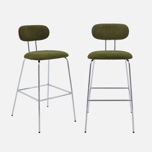 Set Di 2 Sgabelli Da Bar Legno Tinto Noce E Tessuto Idrorepellente Gambe In Metallo Cromato, Verde Kaki-image