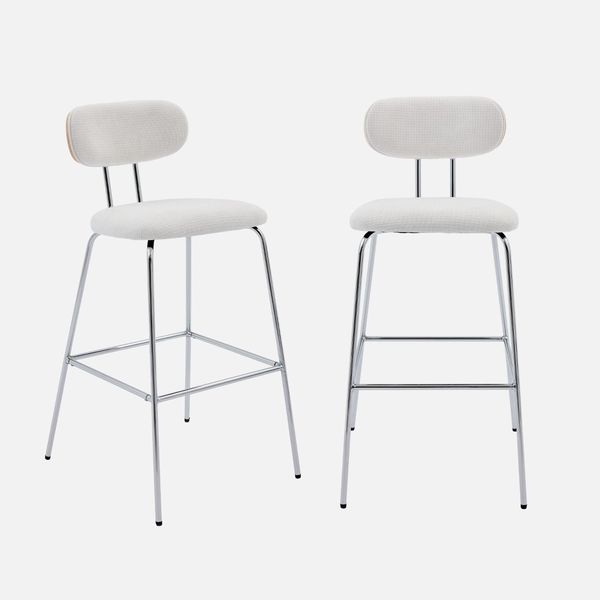 Set Di 2 Sgabelli Da Bar In Rovere E Tessuto Idrorepellente Piedi In Metallo Cromato, Bianco-image