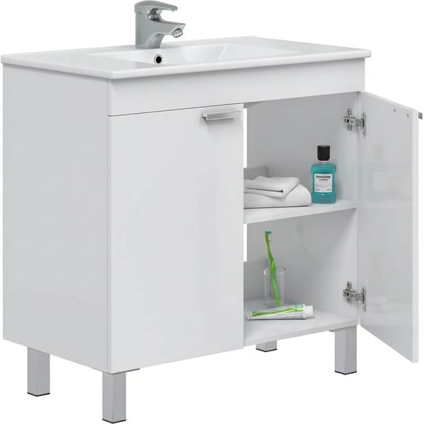 Dmora Mobile Sottolavabo Massiola 80X45X80H Cm Bianco Lucido, Cassetti 2 Ante-image