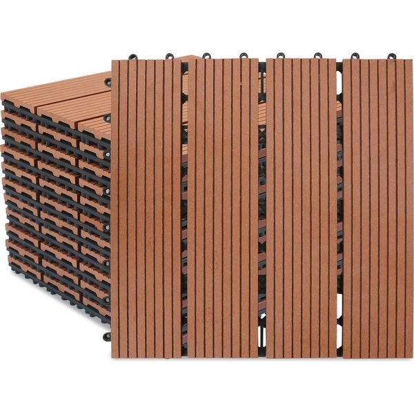 Piastrelle Per Terrazze Izrielar Wpc 7 M², 30 X 30 Cm 77 Pezzi, Doghe Per Terrazze Con 4 Listelli Effetto Legno, Per Pavimentazione Di Giardini E Balconi Con Drenaggio E Sistema A Incastro, Marrone-image