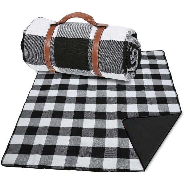 Izrielar Tappeto Da Picnic Impermeabile 200X200 Cm Xxl Tappeto Da Campeggio Pieghevole Con Maniglia Per Il Trasporto Blu E Bianco A Quadri-image