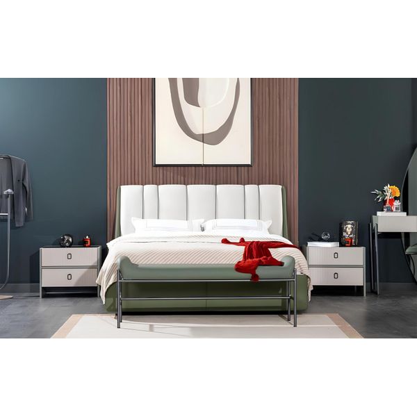 Set Camera Da Letto Bianco-Verde Letto Imbottito Panca 2 Comodini-image