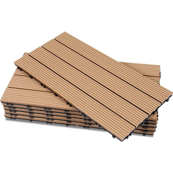 Piastrelle Per Terrazza Izrielar Wpc 7 M², 30 X 60 Cm 42 Pezzi, Doghe Per Terrazza Con 4 Listelli Effetto Legno, Per Pavimentazione Di Giardini E Balconi Con Sistema Di Drenaggio E Incastro A Clic, Teak-image