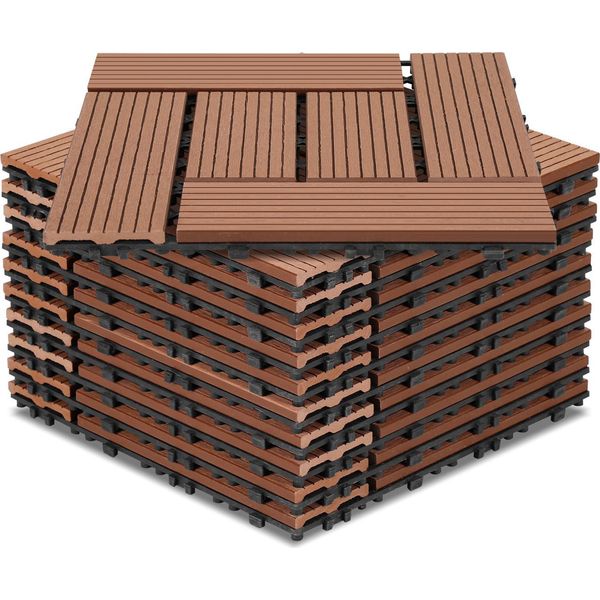 Piastrelle Per Terrazze Izrielar Wpc 7 M², 30 X 30 Cm 77 Pezzi, Doghe Per Terrazze Con 6 Listelli Effetto Legno, Per Pavimentazione Di Giardini E Balconi Con Sistema Di Drenaggio E Incastro A Clic, Marrone-image