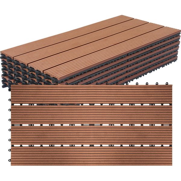 Piastrelle Per Terrazze Izrielar Wpc 7 M², 30 X 60 Cm 42 Pezzi, Doghe Per Terrazze Con 4 Listelli Effetto Legno, Per Pavimentazione Di Giardini E Balconi Con Sistema Di Drenaggio E Incastro A Clic, Marrone-image