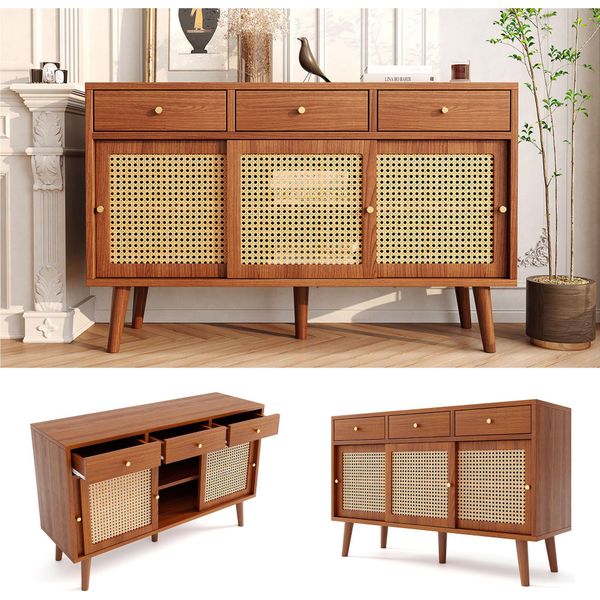 Fortuna Lai Credenza, Cassettiera Con 3 Cassetti E 3 Ante Scorrevoli, Intreccio In Rattan Sui Frontali Delle Ante, Gambe In Legno Massello, Maniglia A Staffa In Metallo Dorato, Ripiani Regolabili, Colore Noce, 120X 40X78Cm-image