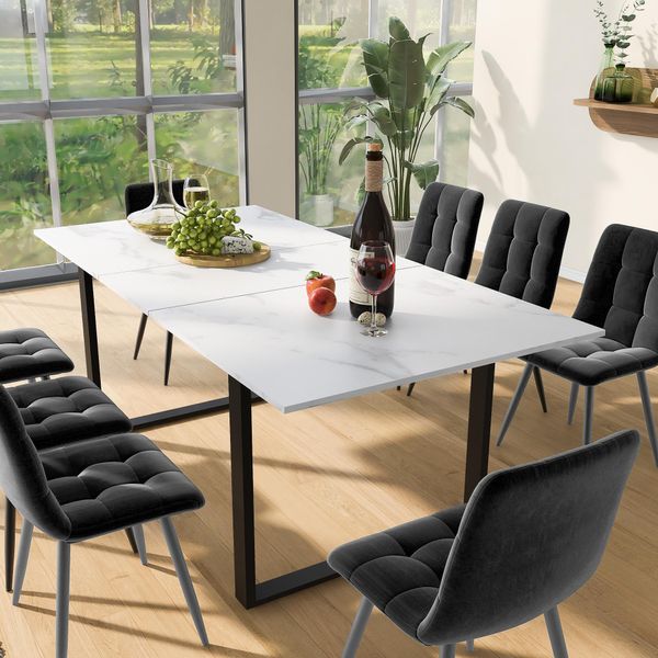 Set Da Pranzo Fortuna Lai (Set, Tavolo Da Pranzo 140/180×80×75 Cm Con 8 Sedie), Set Da Cucina Moderno, Sedie Da Pranzo In Velluto Grigio, Piano Del Tavolo In Mdf Bianco, Gambe Del Tavolo Nere-image
