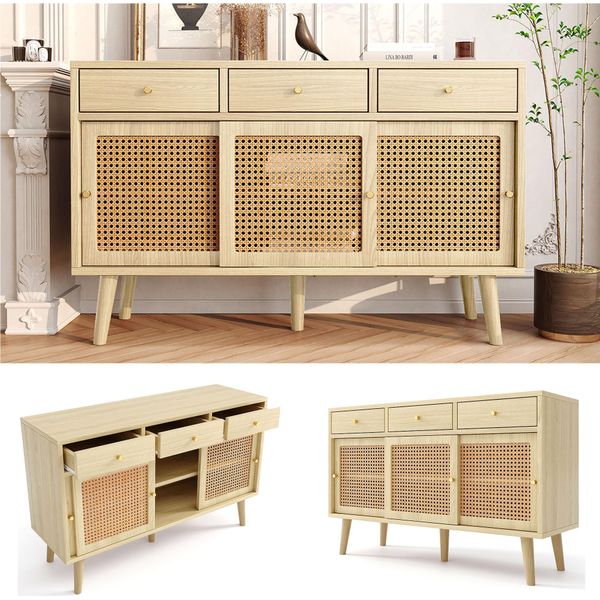 Fortuna Lai Credenza, Cassettiera Con 3 Cassetti E 3 Ante Scorrevoli, Intreccio In Rattan Sui Frontali Delle Ante, Gambe In Legno Massello, Maniglia A Staffa In Metallo Dorato, Ripiani Regolabili, Rovere, 120X 40X78Cm-image