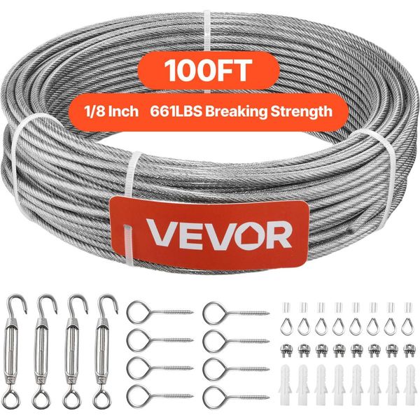 Fune Metallica In Acciaio Inossidabile Vevor φ3,2 Mm, Lunghezza 30,5 M, Fune Metallica In Acciaio Inossidabile 304 Con Carico Di Rottura Di 2,94 Kn, 7X7 Trefoli In Filo D'acciaio, Fune Per Ringhiere Da Terrazzo, Graticci Da Giardino-image